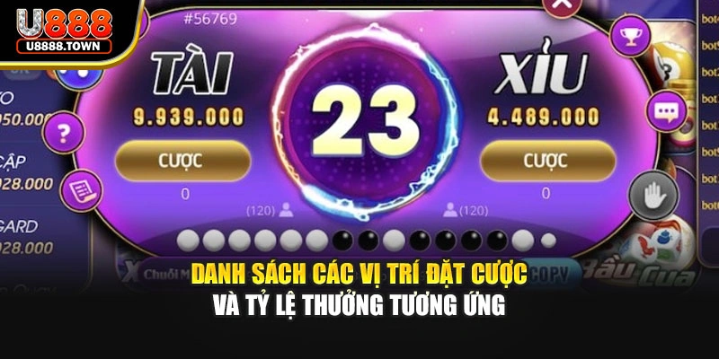 Danh sách các vị trí đặt cược và tỷ lệ thưởng tương ứng